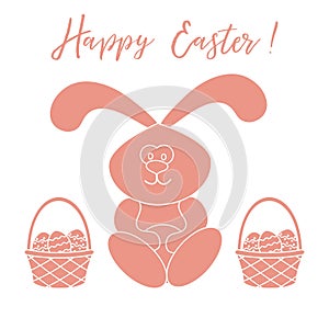 Easter rabbit and two baskets of decorated eggs.