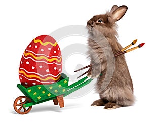 Funny Easter rabbit with a wheelbarrow and an East