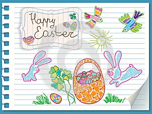 Easter rabbits are a basket of eggs. Vector card