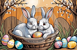 Easter rabbits in a basket surrounded by painted eggs and twigs of flowering willow.