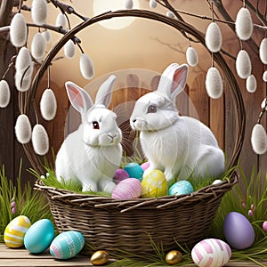 Easter rabbits in a basket surrounded by painted eggs and twigs of flowering willow.