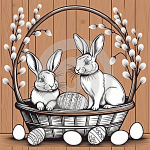 Easter rabbits in a basket surrounded by painted eggs and twigs of flowering willow.