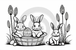 Easter rabbits in a basket surrounded by painted eggs and twigs of flowering willow.