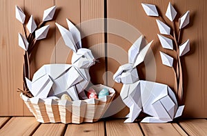 Easter rabbits in a basket surrounded by painted eggs and twigs of flowering willow.