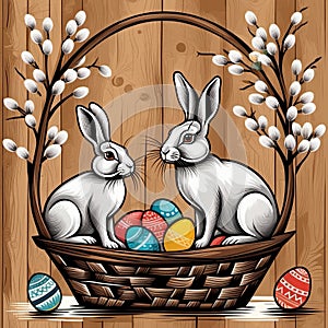 Easter rabbits in a basket surrounded by painted eggs and twigs of flowering willow.