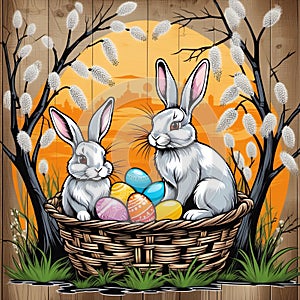 Easter rabbits in a basket surrounded by painted eggs and twigs of flowering willow.