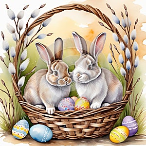 Easter rabbits in a basket surrounded by painted eggs and twigs of flowering willow.