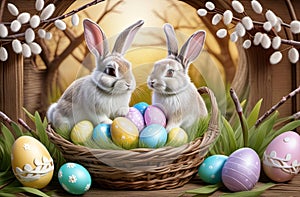 Easter rabbits in a basket surrounded by painted eggs and twigs of flowering willow.