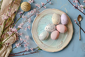 Easter rainbow pastel table setting for dinner with ceramic plates, blossom and easter eggs