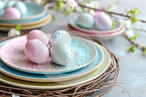 Easter rainbow pastel table setting for dinner with ceramic plates, blossom and easter eggs