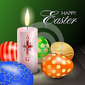 Easter realistic square composition with burning candle with cross, alpha, omega, 2020 year and multicolored eggs on wooden table