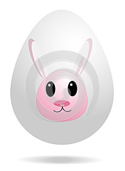 Easter realistic white egg decorated with cute pink rabbit.