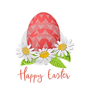 Easter red egg and daisy wreath. Decorated festive egg with simple abstract ornaments. Spring holiday. Vector