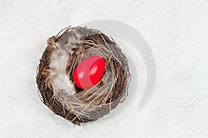 The easter red egg is in the nest.