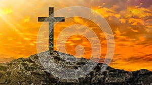 Easter or Religion background banner panorama religious greeting card - Old ruine stone wall and cross in the sunset, with orange