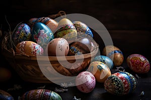 Easter religious holiday celebrates closeup basket eggs bird top glittering ornaments silky garment dangerous chemical hazards