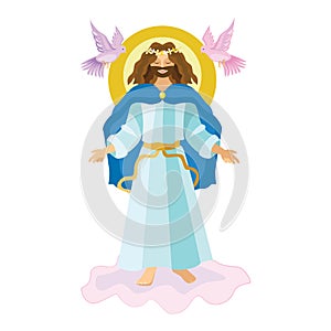 Easter resurrection religious background - risen Lord Jesus Christ on cloud in the sky vector illustration. Holy week