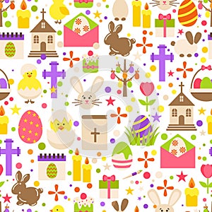 Easter retro seamless pattern with cute flowers and sweets, bird bunny on white background