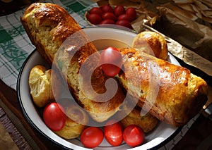 Easter Romanian bread. Traditional sweet bread and red eggs for Easter. Sponge cake cozonac out of the oven