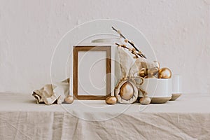 Easter Rustic Mock Up. Gold Egg With linen rustic background.