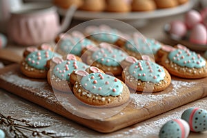Easter\'s Cookie Canvas, Pink-Frosted Treats Amidst a Scene of Eggs and Blossoms of Spring