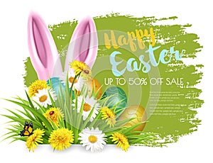 Easter Sale Background with colofrul eggs in green grass and rabbit. Vector