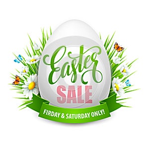 Easter sale background with eggs and spring flower. Vector illustration