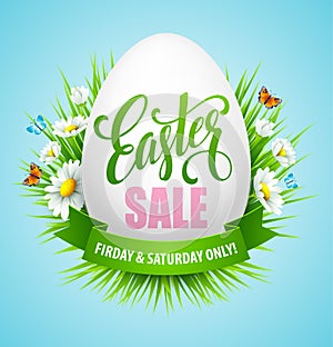 Easter sale background with eggs and spring flower. Vector illustration