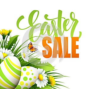 Easter sale background with eggs and spring flower. Vector illustration