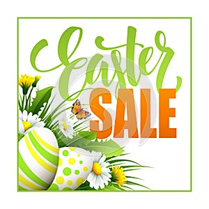 Easter sale background with eggs and spring flower. Vector illustration