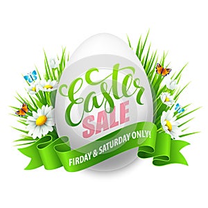 Easter sale background with eggs and spring flower. Vector illustration