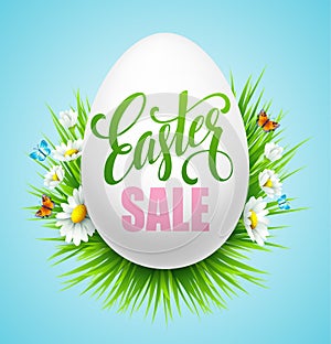 Easter sale background with eggs and spring flower. Vector illustration