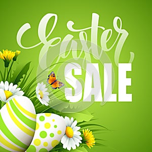 Easter sale background with eggs and spring flower. Vector illustration