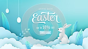 Easter sale banner background. Paper cut style holiday discount offer template with pink cloud, red leaves, white egg