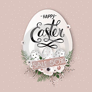 Easter sale banner background template with beautiful colorful spring flowers and eggs. Vector illustration