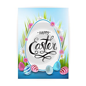 Easter sale banner background template with beautiful colorful spring flowers and eggs. Vector illustration