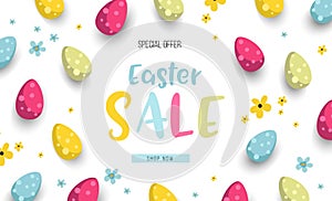 Easter sale banner background template with beautiful colorful spring flowers and eggs. Vector illustration.