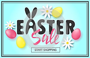 Easter sale banner background template with beautiful colorful spring flowers and eggs. Vector illustration.