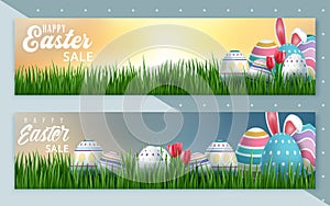 Easter sale banner with beautiful colorful eggs. Vector background. Spring illustration