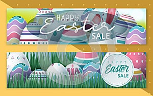 Easter sale banner with beautiful colorful eggs. Vector background. Spring illustration