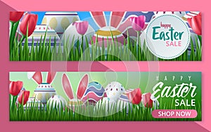 Easter sale banner with beautiful colorful eggs. Vector background. Spring illustration