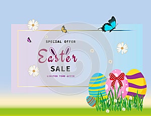 Easter Sale banner with butterfly, daisy, eggs and garden grass with hand lettering and easter egg