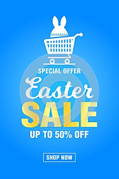 Easter sale banner design with 50% off discount on a blue background