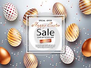 Easter Sale banner design with square frame, gold ornate eggs and confetti. Holiday Easter background with place for your text.