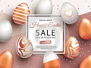 Easter Sale banner design with square frame, rose gold ornate eggs and confetti