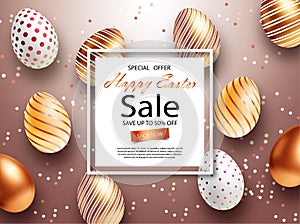 Easter Sale banner design with square frame, rose gold ornate eggs and confetti. Holiday Easter background with place for your
