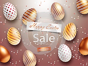 Easter Sale banner design with square frame, rose gold ornate eggs and confetti. Holiday Easter background with place for your