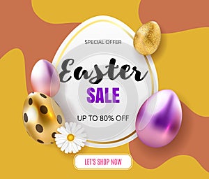Easter sale banner design template with colorful eggs and flowers. Use for advertising, flyers, posters, brochure
