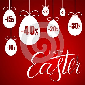 Easter sale banner. Easter hanging eggs, cartoon ribbon bow, red background. Tag template for holiday Easter decoration