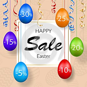 Easter sale banner. Hanging 3D Easter eggs, streamers gold ribbon, white frame, textured background. Template text for